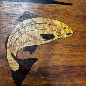Handmade wooden (cherry & black walnut) box inlaid fish, dovetail keepsake box